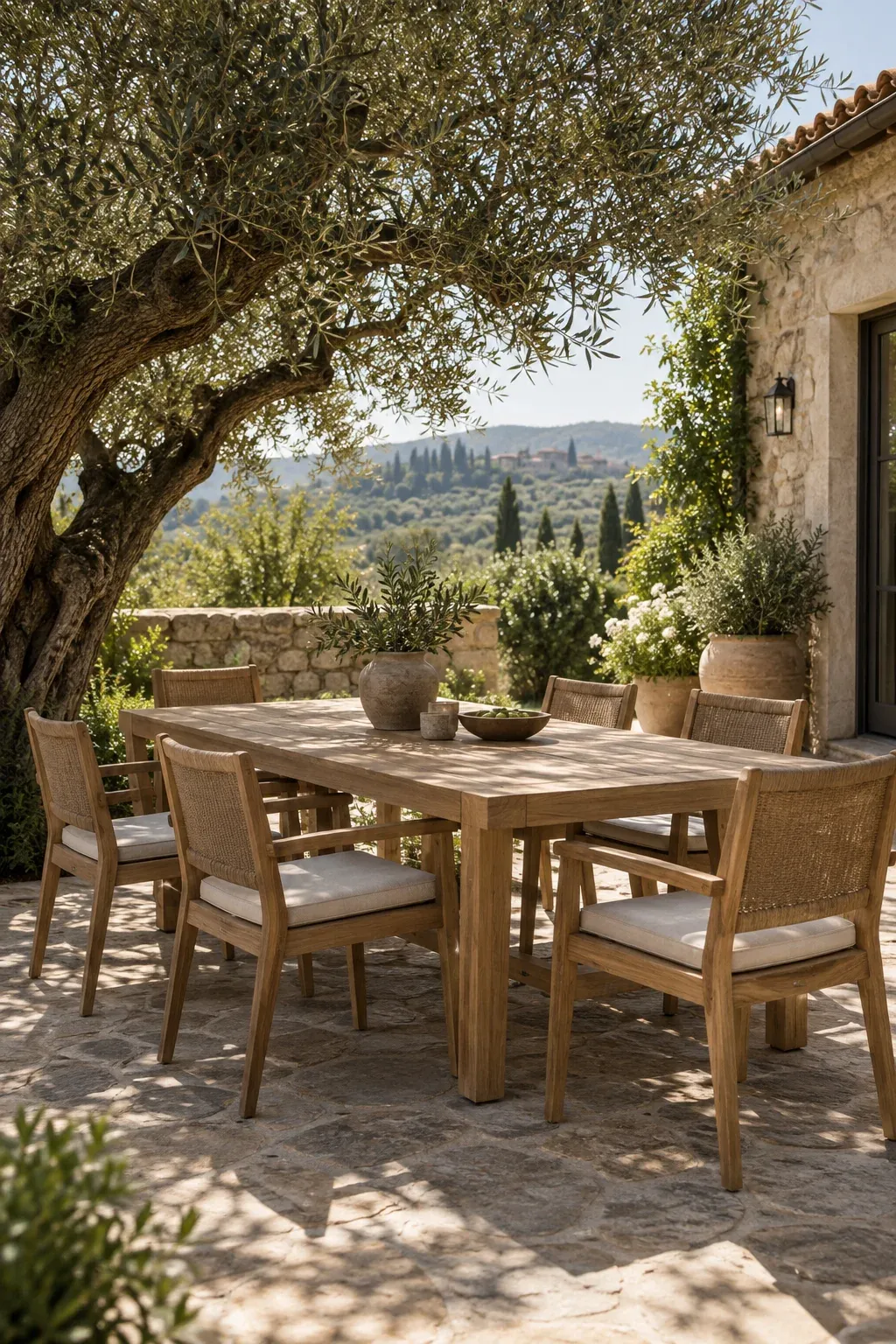 Illustrative garden dining setting on a stone terrace