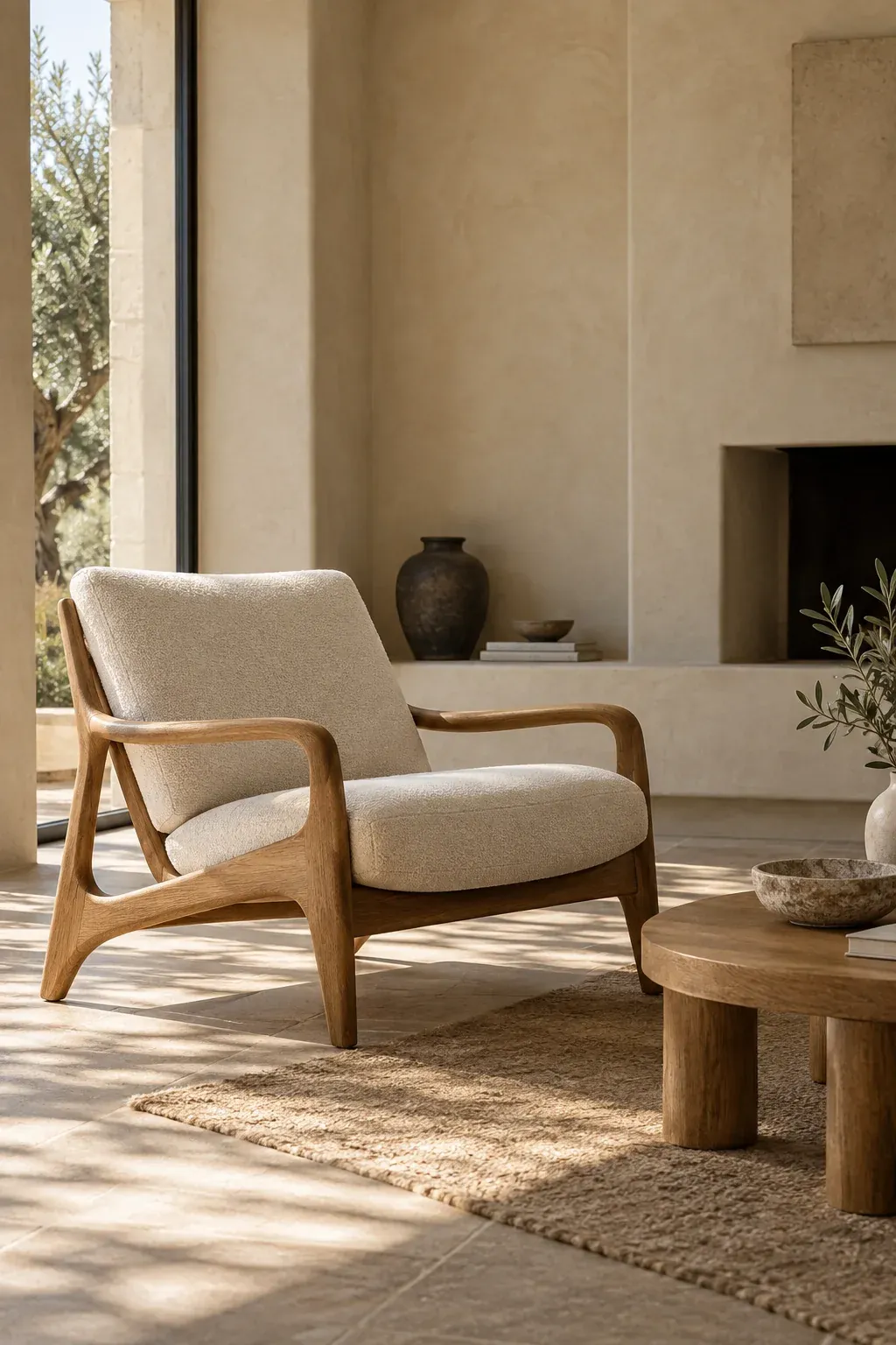 Illustrative living room with a wooden lounge chair and low table