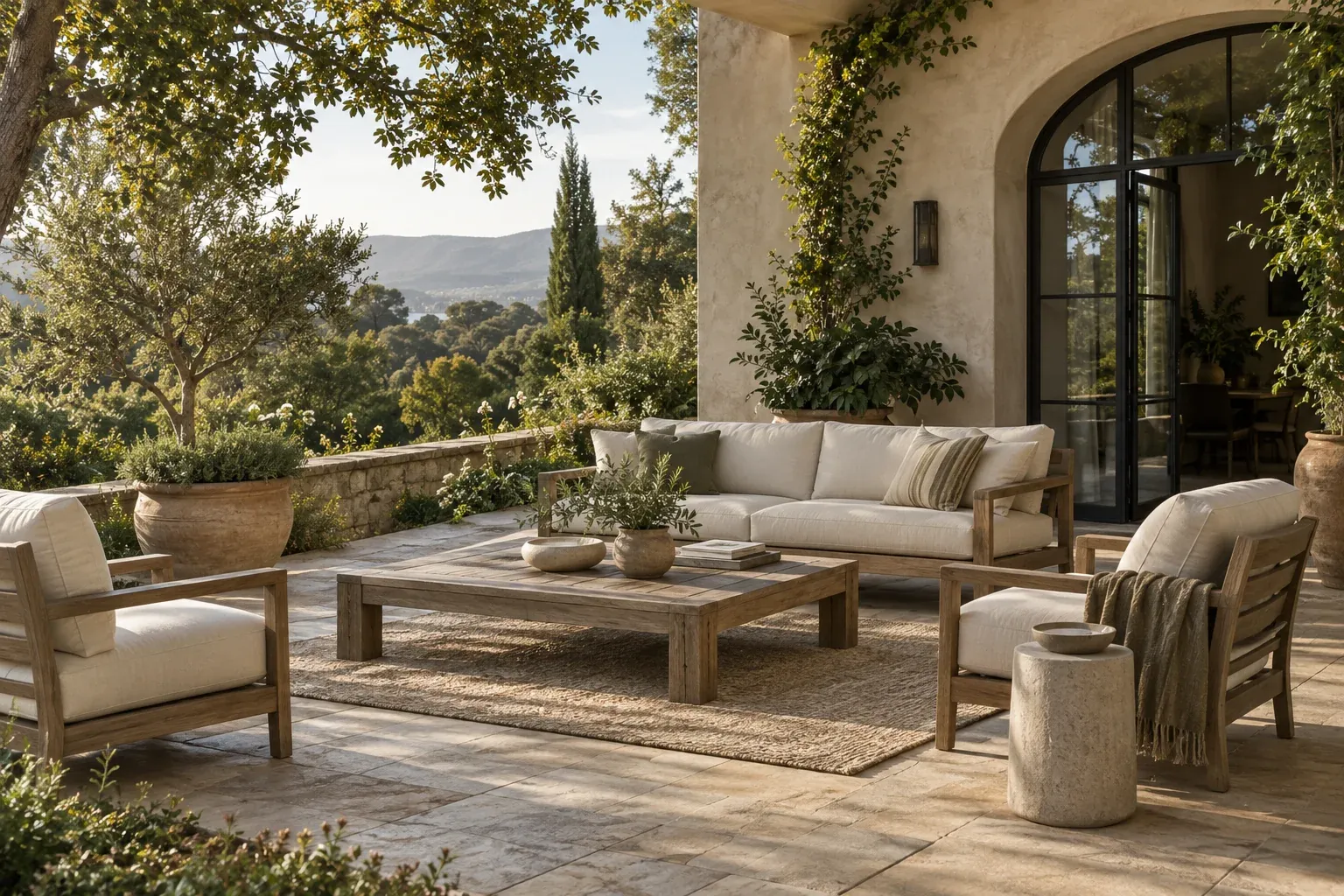 Timber lounge furniture opening onto a sunlit garden
